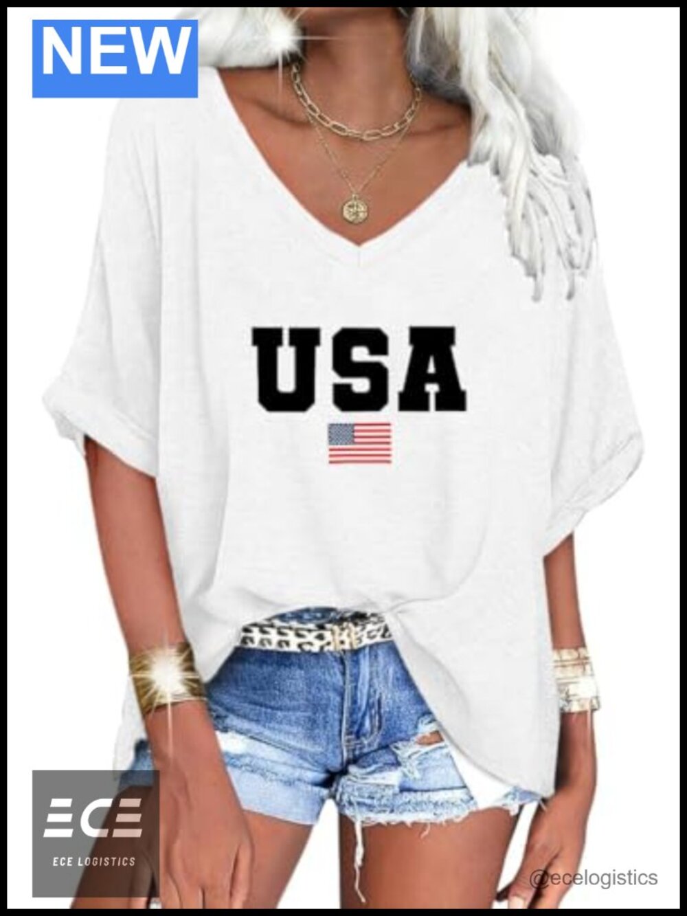 Women's V Neck Oversized T-Shirt Short Sleeve Loose Summer Top